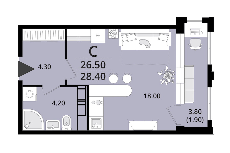 Квартира студия 27.5 м², 12/13 эт., ЖК «Тайм Сквер»
